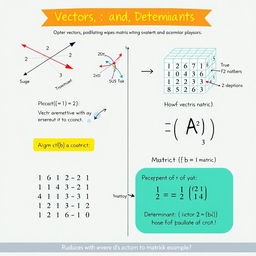 A visually appealing educational illustration explaining the concepts of vectors, matrices, and determinants in mathematics