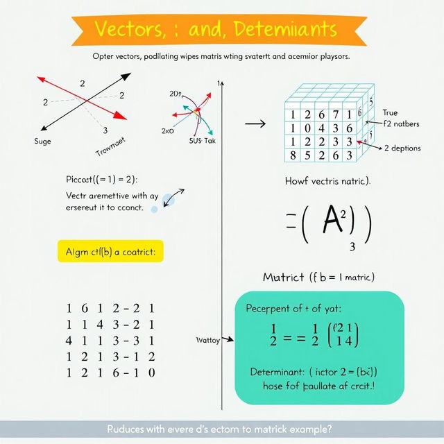 A visually appealing educational illustration explaining the concepts of vectors, matrices, and determinants in mathematics