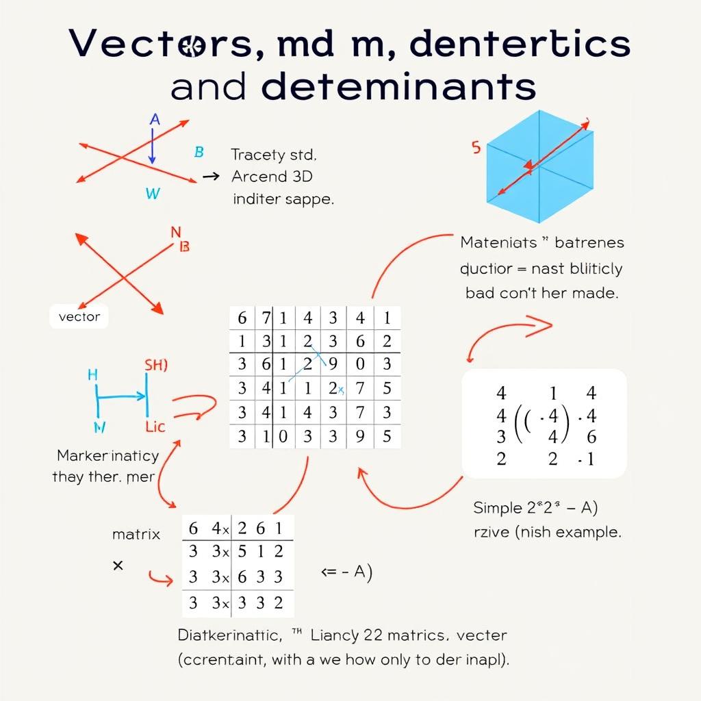 A visually appealing educational illustration explaining the concepts of vectors, matrices, and determinants in mathematics