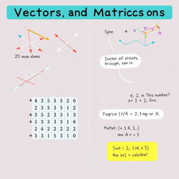 A visually appealing educational illustration explaining the concepts of vectors, matrices, and determinants in mathematics