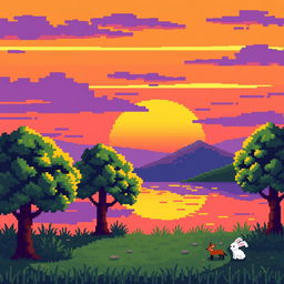 A vibrant, pixelated landscape featuring a serene sunset with shades of orange, pink, and purple blending into the sky