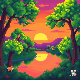A vibrant, pixelated landscape featuring a serene sunset with shades of orange, pink, and purple blending into the sky