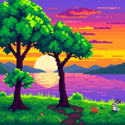 A vibrant, pixelated landscape featuring a serene sunset with shades of orange, pink, and purple blending into the sky