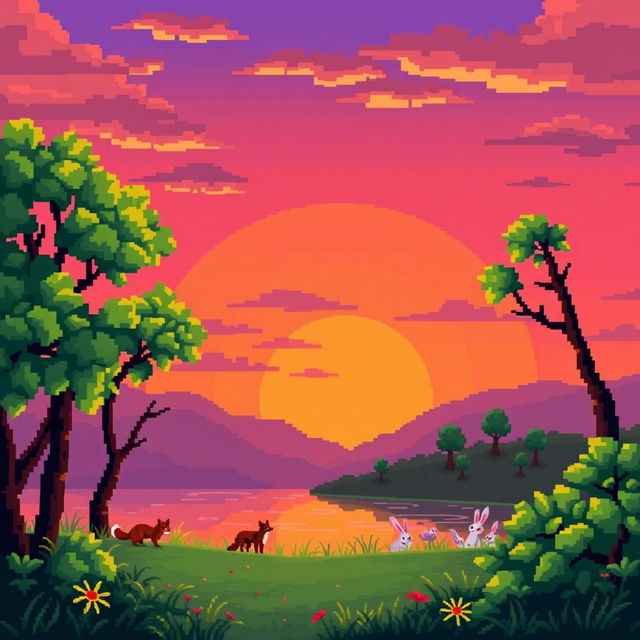 A vibrant, pixelated landscape featuring a serene sunset with shades of orange, pink, and purple blending into the sky