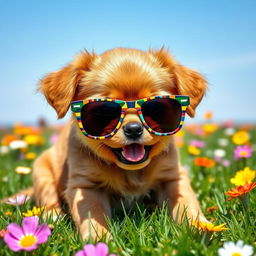 A caramel-colored puppy wearing pixelated sunglasses, sitting playfully on a vibrant grassy field