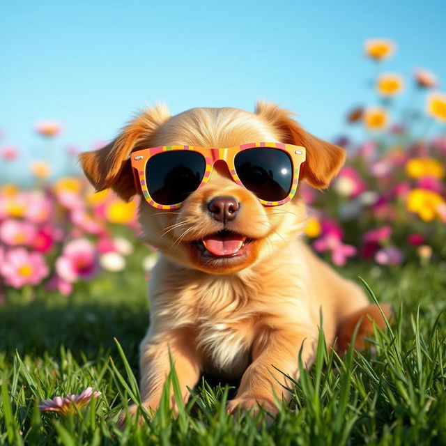 A caramel-colored puppy wearing pixelated sunglasses, sitting playfully on a vibrant grassy field