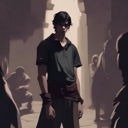 A captivating digital art piece in the style of Dungeons and Dragons, featuring a young man hidden in the shadows