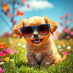 A caramel-colored puppy wearing pixelated sunglasses, sitting playfully on a vibrant grassy field