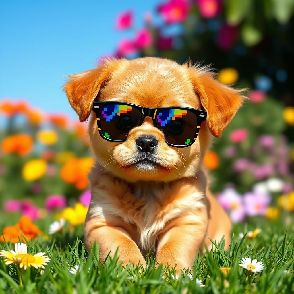 A caramel-colored puppy wearing pixelated sunglasses, sitting playfully on a vibrant grassy field