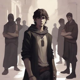 A captivating digital art piece in the style of Dungeons and Dragons, featuring a young man hidden in the shadows