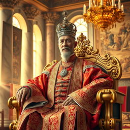 A majestic emperor seated on an ornate golden throne, adorned in luxurious traditional garments richly embroidered with intricate patterns
