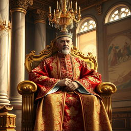 A majestic emperor seated on an ornate golden throne, adorned in luxurious traditional garments richly embroidered with intricate patterns