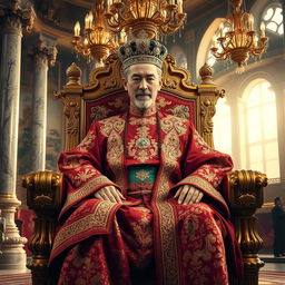 A majestic emperor seated on an ornate golden throne, adorned in luxurious traditional garments richly embroidered with intricate patterns