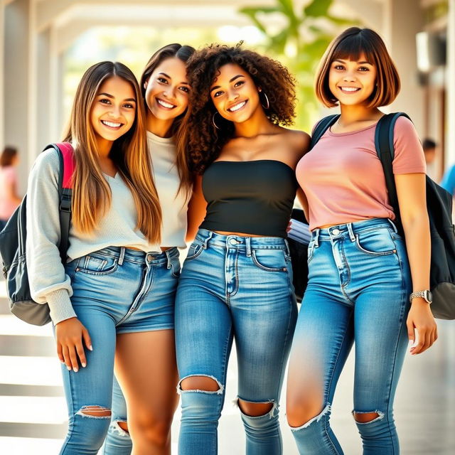 Three beautiful college girls posing together, wearing tight blue jeans that accentuate their figures