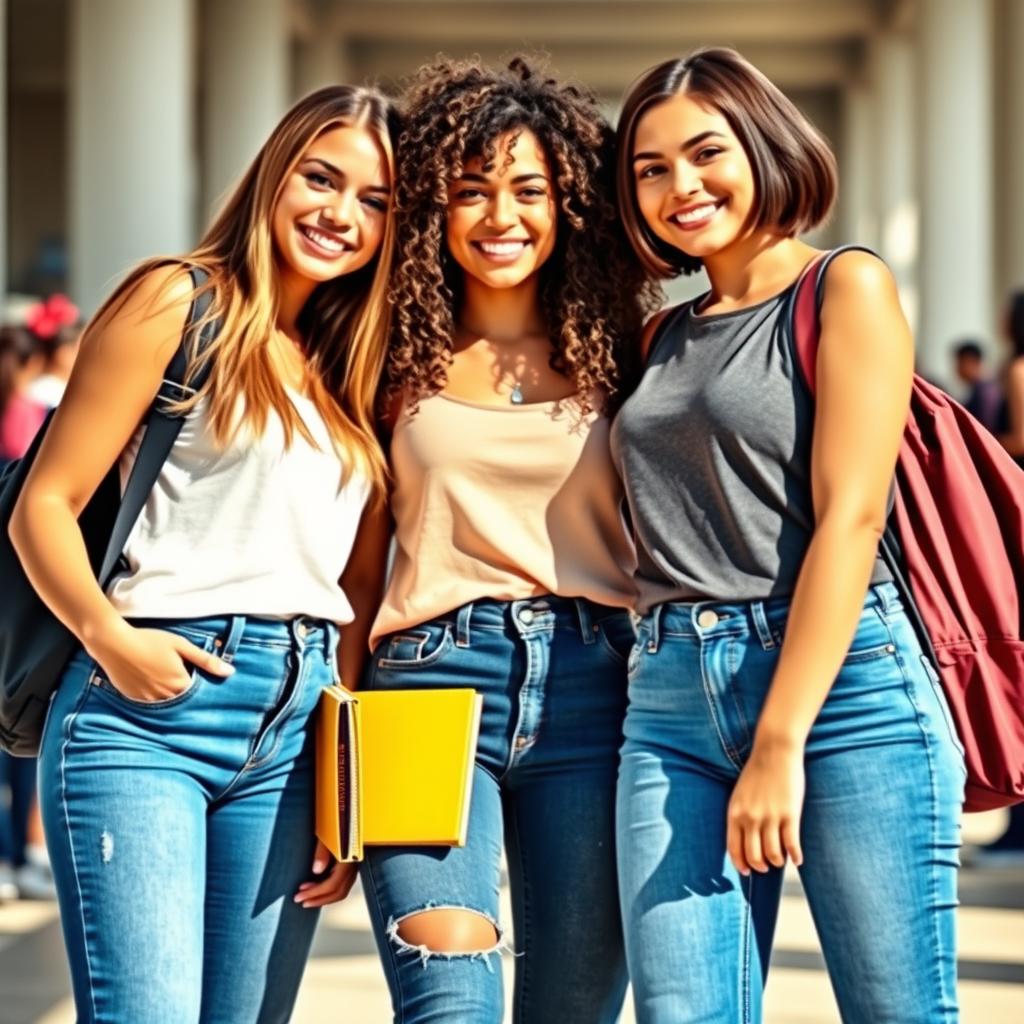 Three beautiful college girls posing together, wearing tight blue jeans that accentuate their figures