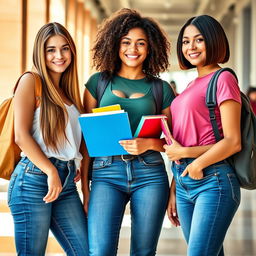 Three beautiful college girls posing together, wearing tight blue jeans that accentuate their figures