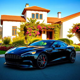 A sleek black Aston Martin Vanquish parked elegantly in front of a picturesque villa in Argentina
