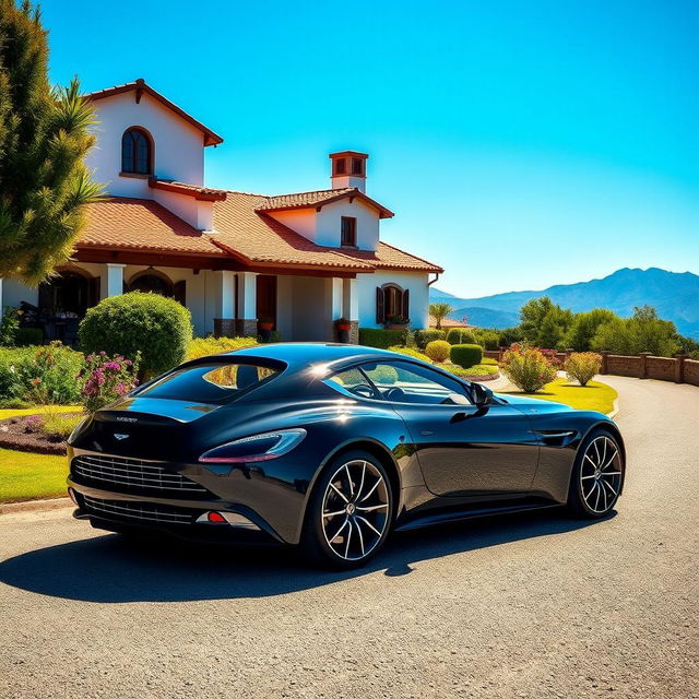 A sleek black Aston Martin Vanquish parked elegantly in front of a picturesque villa in Argentina