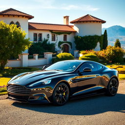 A sleek black Aston Martin Vanquish parked elegantly in front of a picturesque villa in Argentina