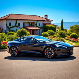 A sleek black Aston Martin Vanquish parked elegantly in front of a picturesque villa in Argentina