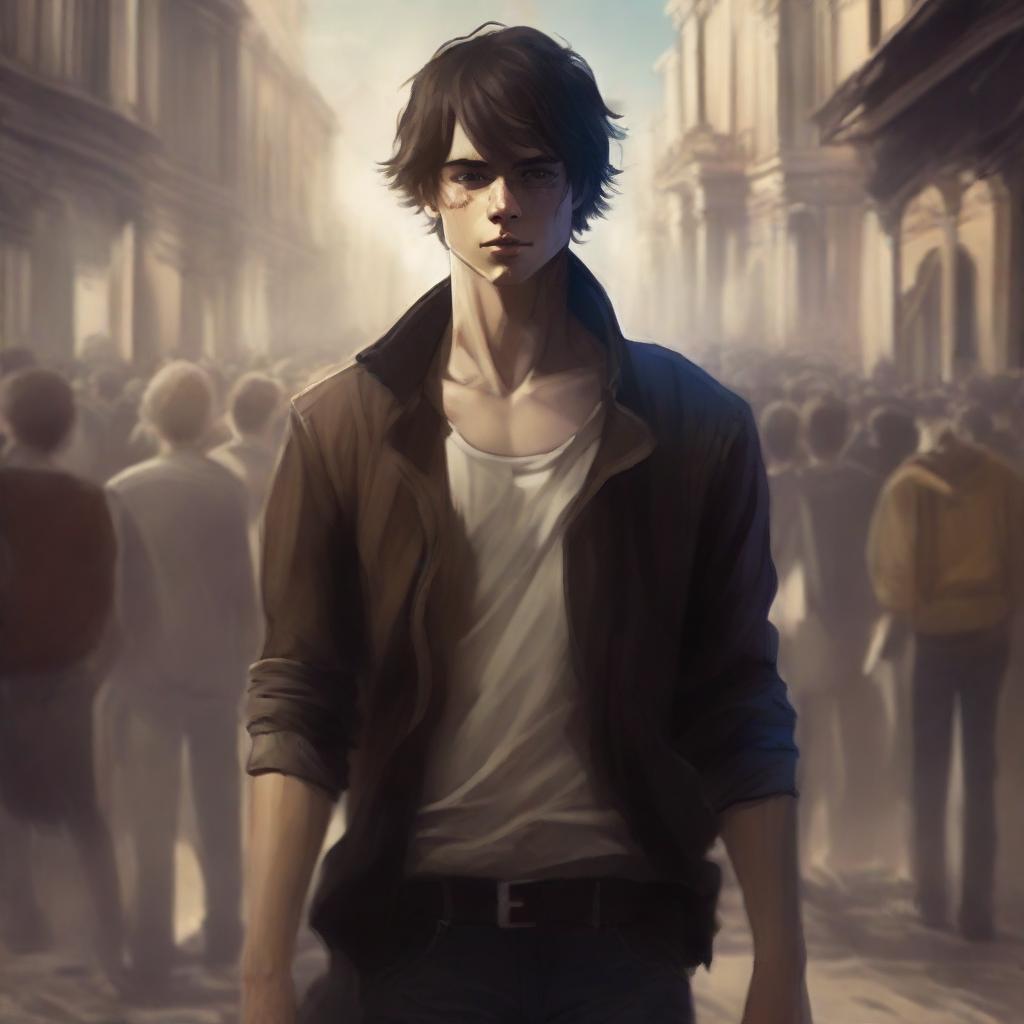 A detailed digital art piece in a fantasy style, showcasing a young man hidden from view