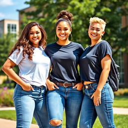 Three beautiful curvy college girls posing together, wearing tight blue jeans that perfectly highlight their curves and short t-shirts that add a playful touch