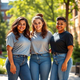 Three beautiful curvy college girls posing together, wearing tight blue jeans that perfectly highlight their curves and short t-shirts that add a playful touch