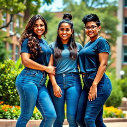 Three beautiful curvy college girls posing together, wearing tight blue jeans that perfectly highlight their curves and short t-shirts that add a playful touch