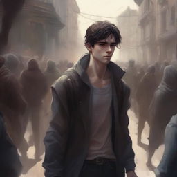 A detailed digital art piece in a fantasy style, showcasing a young man hidden from view