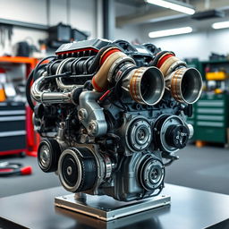 A powerful V8 biturbo engine displayed prominently on a sleek automotive backdrop