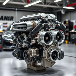 A powerful V8 biturbo engine displayed prominently on a sleek automotive backdrop