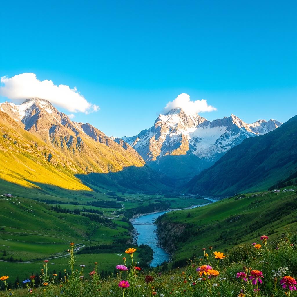 A stunning landscape of majestic mountains under a clear blue sky, with vibrant green valleys in the foreground and a picturesque river flowing through the scene