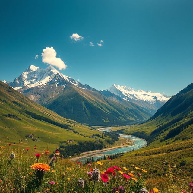 A stunning landscape of majestic mountains under a clear blue sky, with vibrant green valleys in the foreground and a picturesque river flowing through the scene
