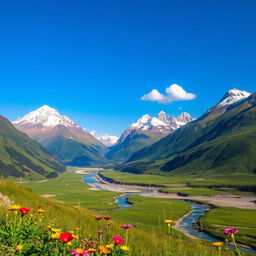 A stunning landscape of majestic mountains under a clear blue sky, with vibrant green valleys in the foreground and a picturesque river flowing through the scene