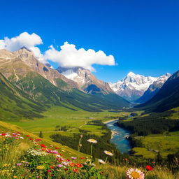 A stunning landscape of majestic mountains under a clear blue sky, with vibrant green valleys in the foreground and a picturesque river flowing through the scene
