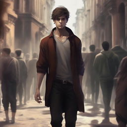 A detailed digital art piece in a fantasy style, showcasing a young man hidden from view