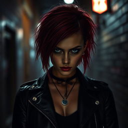 A hauntingly beautiful female serial killer in a dimly lit urban alley, showcasing an enigmatic expression that reflects both danger and allure