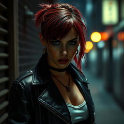 A hauntingly beautiful female serial killer in a dimly lit urban alley, showcasing an enigmatic expression that reflects both danger and allure