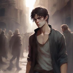 A detailed digital art piece in a fantasy style, showcasing a young man hidden from view