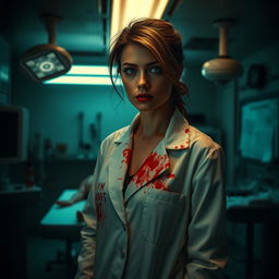 A striking female serial killer depicted as a coroner, standing in an autopsy room filled with medical tools and eerie lighting