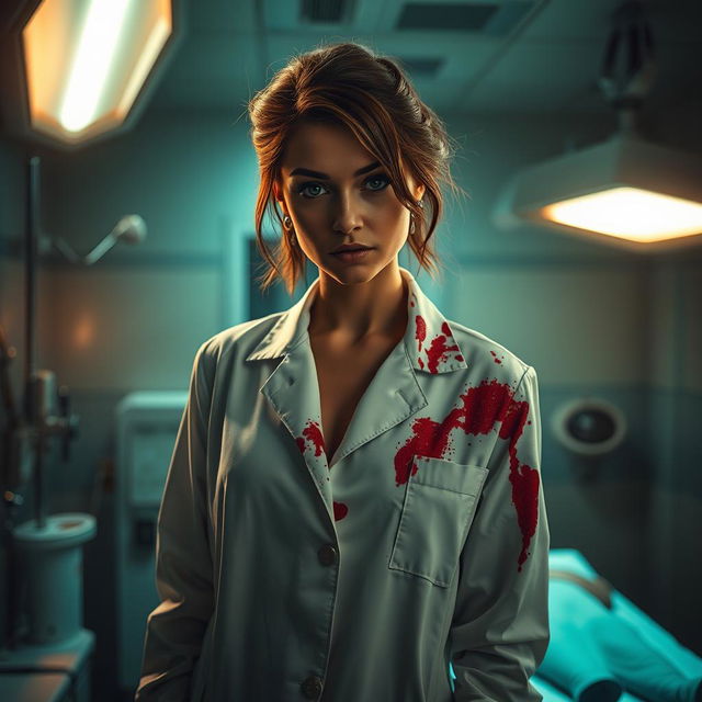 A striking female serial killer depicted as a coroner, standing in an autopsy room filled with medical tools and eerie lighting