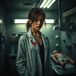 A striking female serial killer depicted as a coroner, standing in an autopsy room filled with medical tools and eerie lighting