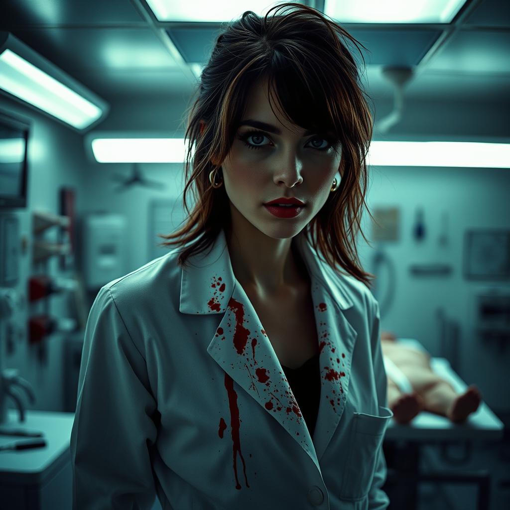 A striking female serial killer depicted as a coroner, standing in an autopsy room filled with medical tools and eerie lighting