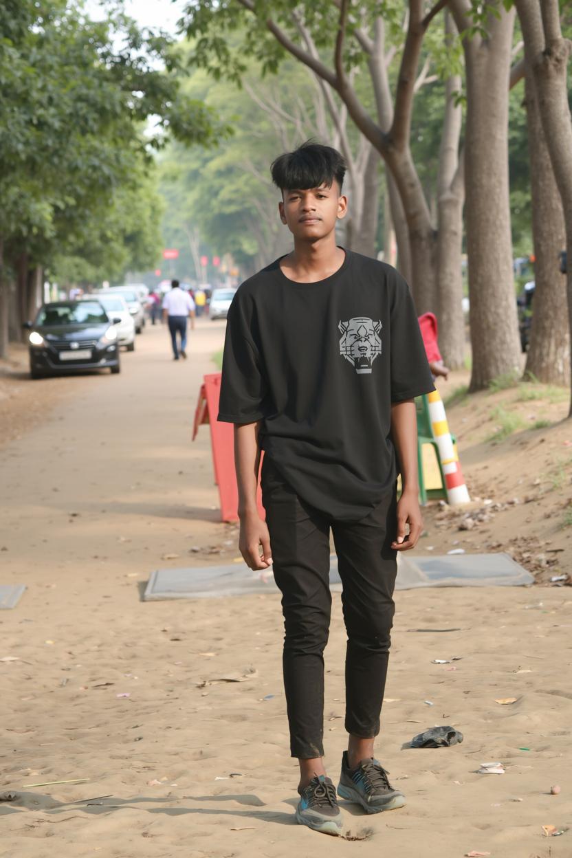 A young male walking confidently on a sandy landscape, wearing a loose black oversized t-shirt with a graphic print, slim-fit black trousers, and casual black sneakers