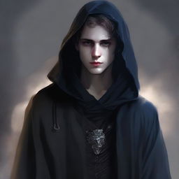 A high-quality digital art piece in a fantasy style, presenting a young man shrouded in a long, dark cloak