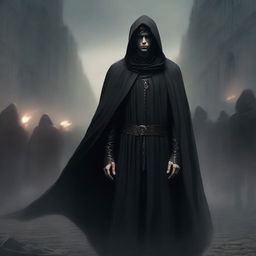 A high-quality digital art piece in a fantasy style, presenting a young man shrouded in a long, dark cloak