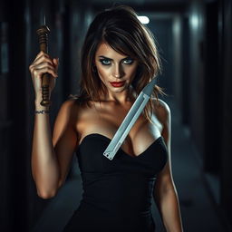 A strikingly seductive female serial killer holding a gleaming knife, exuding confidence and danger