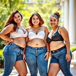 Three beautiful Caucasian shapely college girls posing together, each wearing fitted blue jeans that showcase their wide hips and full bellies, paired with stylish bra tops that add a trendy flair