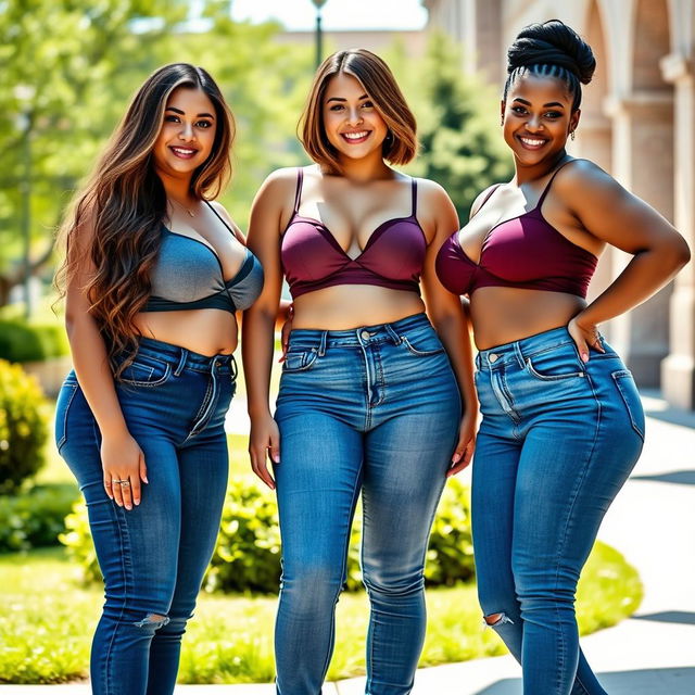 Three beautiful Caucasian shapely college girls posing together, each wearing fitted blue jeans that showcase their wide hips and full bellies, paired with stylish bra tops that add a trendy flair