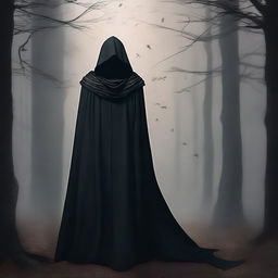 A high-quality digital art piece in a fantasy style, presenting a young man shrouded in a long, dark cloak